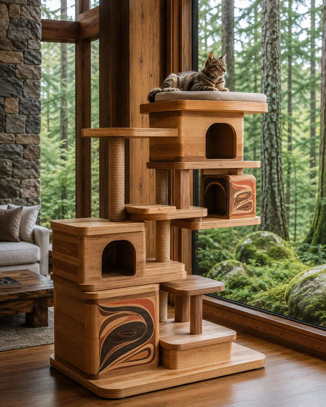 Brentwood Box — Luxury West Coast Indigenous-inspired cat tree with handcrafted cedar, bentwood-inspired architecture, cozy hideaways, sculptural platforms, and Northwest Coast artistry.