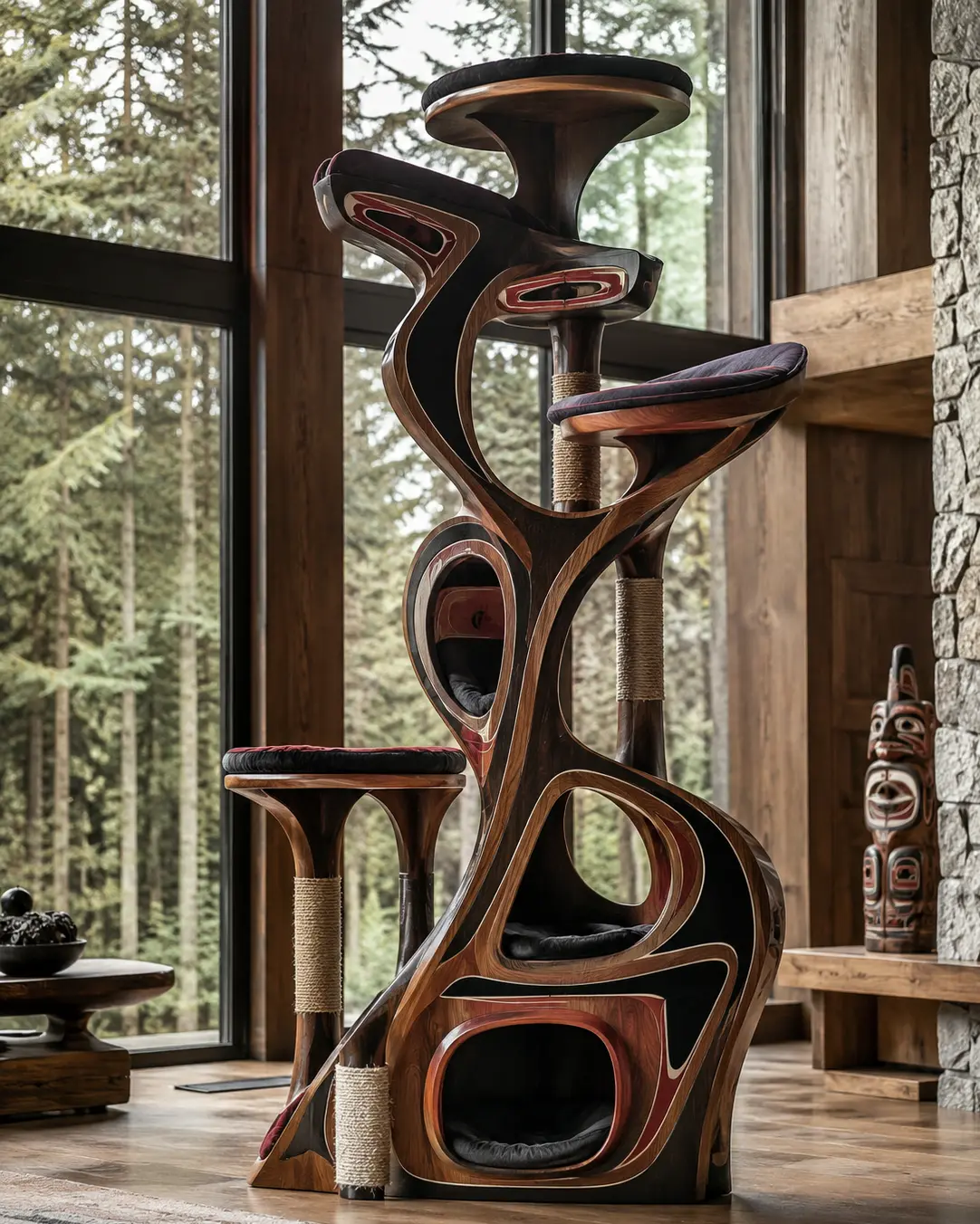 Luxury "Cedar Flow" cat tree inspired by the flowing forms of British Columbia's Northwest Coast Indigenous art, handcrafted in rich walnut with sculptural perches and cozy hideaways.