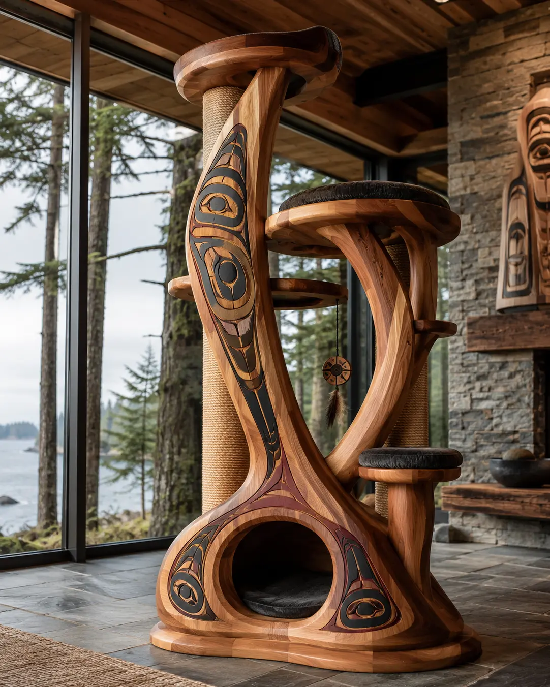 Luxury West Coast Indigenous-inspired cat tree with handcrafted cedar, carved Northwest Coast motifs, cozy hideaway, plush perches, and sculptural climbing platforms.