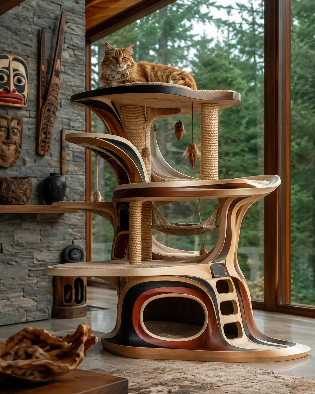 Luxury West Coast Indigenous-inspired cat tree with handcrafted wood, flowing Northwest Coast motifs, cozy hideaways, hammocks, and sculptural climbing platforms.