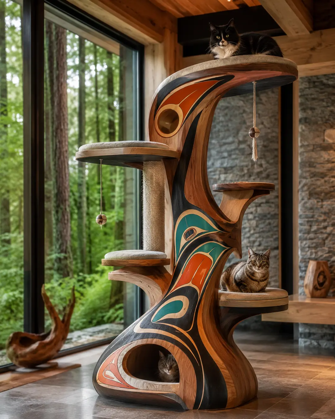 Cedar Spirit — Luxury West Coast Indigenous-inspired cat tree with handcrafted cedar, flowing Northwest Coast forms, cozy hideaways, plush perches, and sculptural climbing platforms.