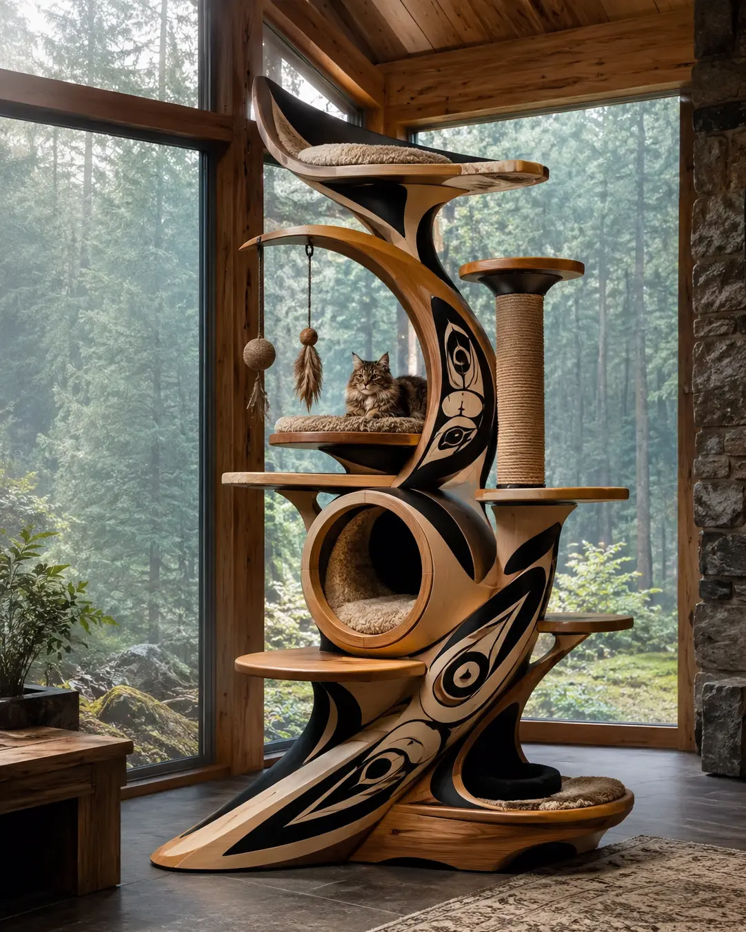Coastal Current — Luxury West Coast Indigenous-inspired cat tree with handcrafted cedar, flowing coastal forms, cozy hideaways, plush perches, and sculptural climbing platforms.