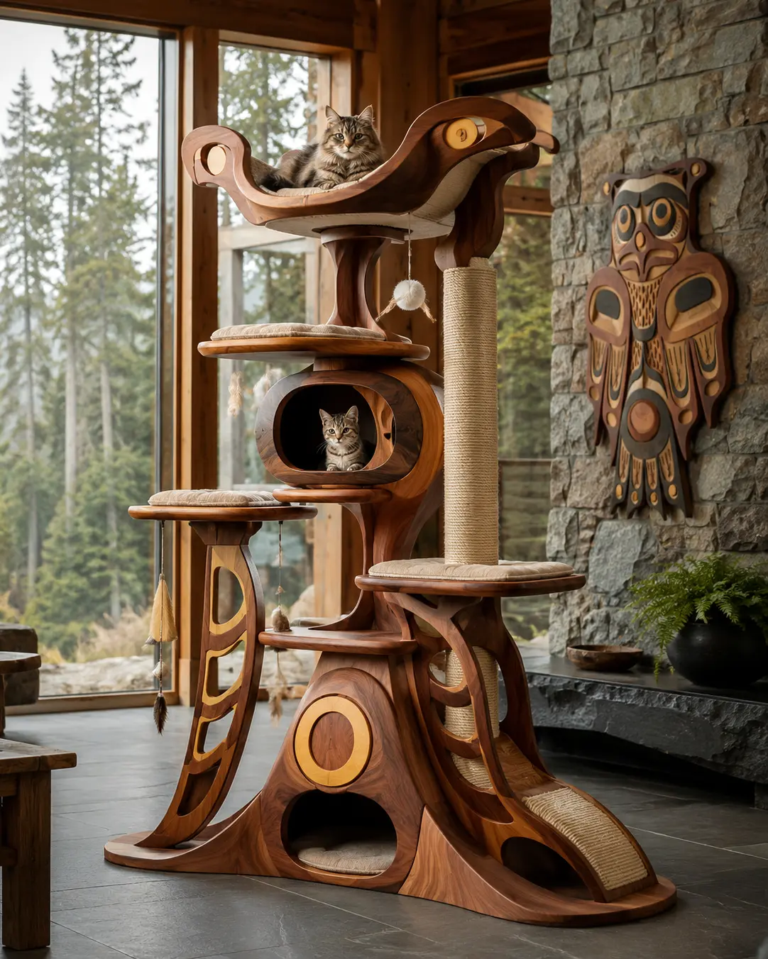 Coastal Passage — Luxury West Coast Indigenous-inspired cat tree with handcrafted cedar, flowing coastal forms, cozy hideaways, elevated perches, and sculptural climbing platforms.