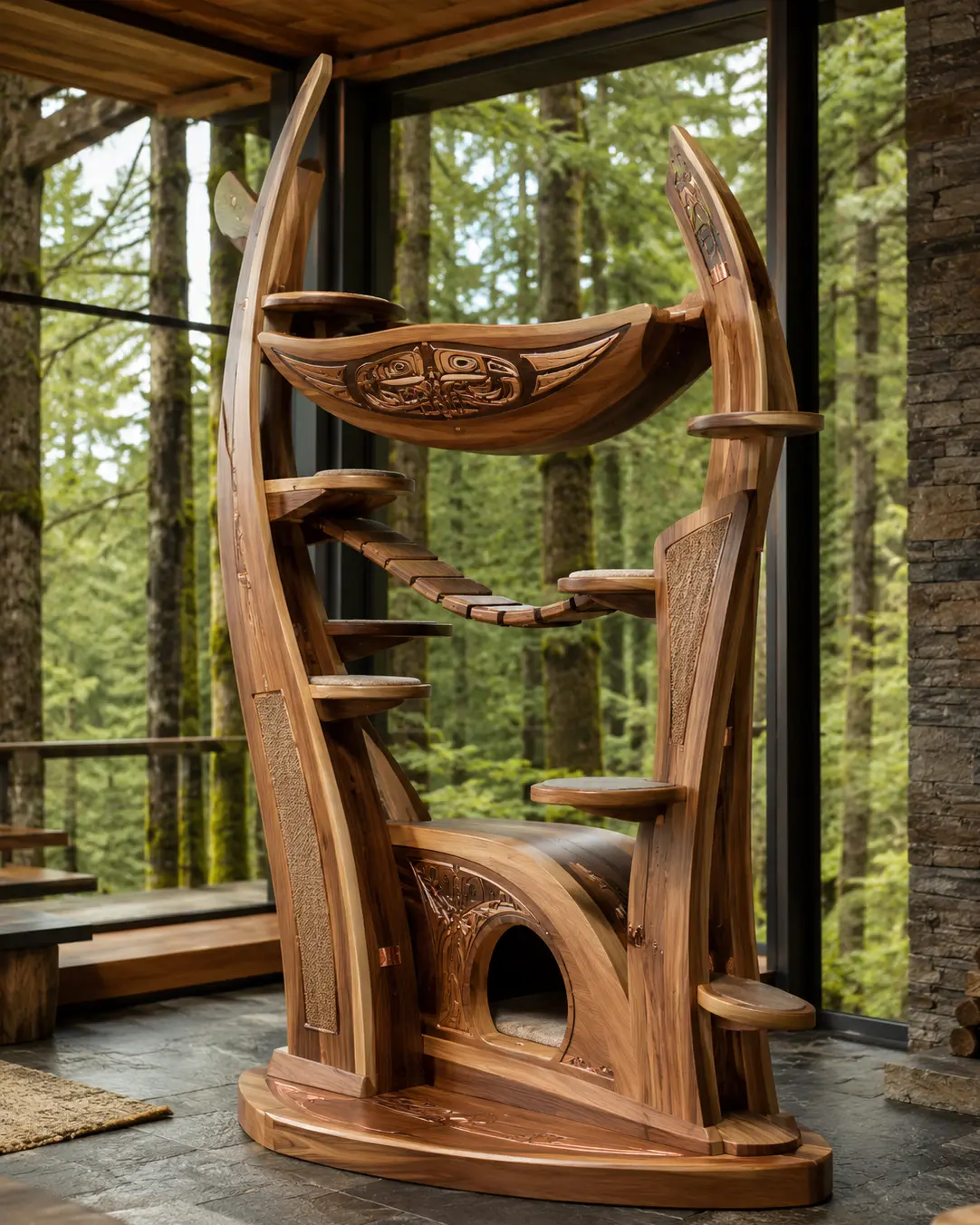 Dugout Canoe — Sculptural luxury cat tree inspired by traditional Northwest Coast cedar canoes, handcrafted with flowing curves, hidden retreats, and elevated lounges.