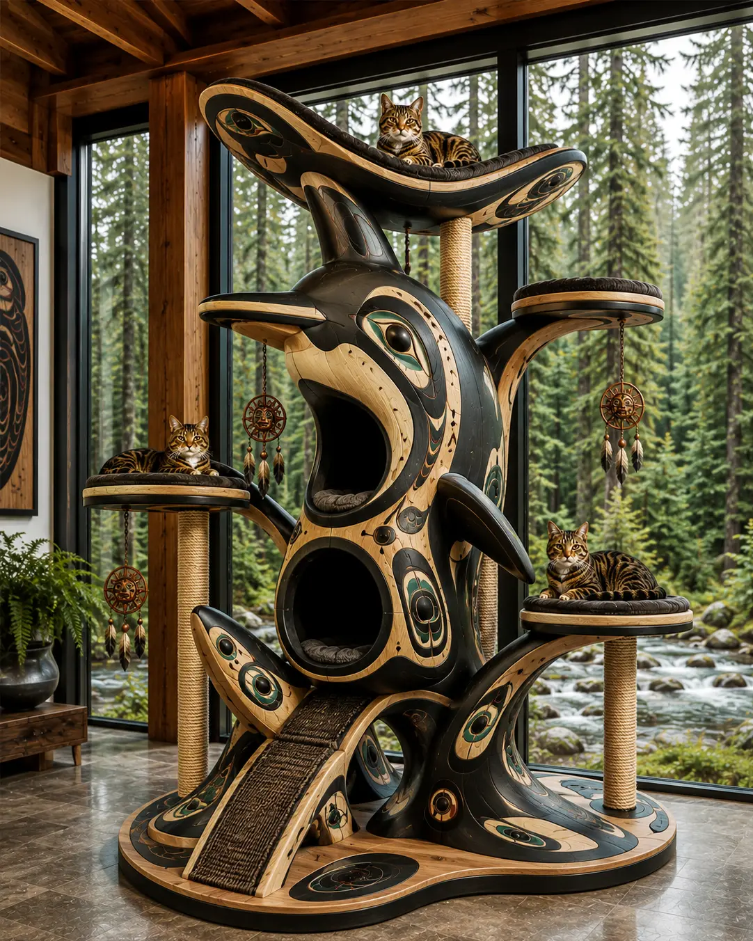 West Coast Indigenous-inspired luxury cat tree with orca-inspired design, handcrafted wood, plush perches, cozy hideaways, and sculptural climbing platforms.