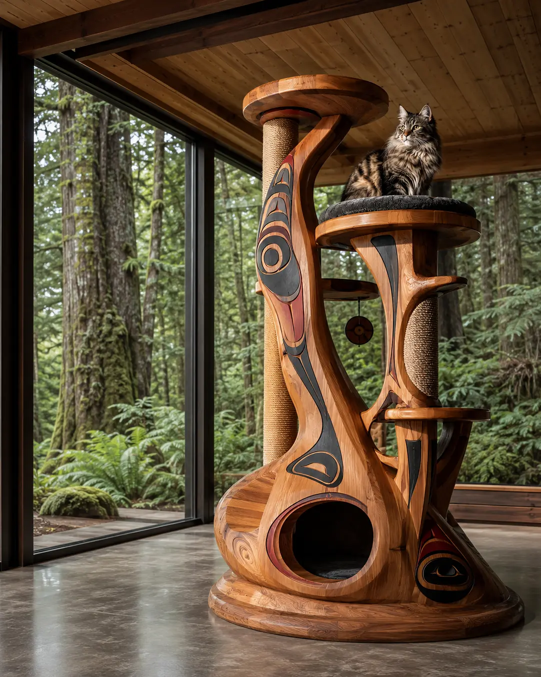 Luxury West Coast Indigenous-inspired cat tree with handcrafted cedar, carved Northwest Coast motifs, cozy cat cave, plush perches, and sculptural climbing design.