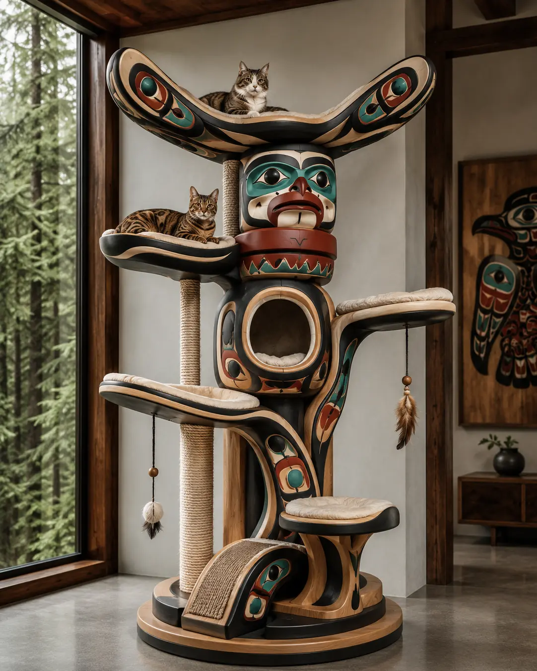 West Coast Indigenous-inspired luxury cat tree with carved totem motifs, handcrafted wood, cozy hideaways, plush perches, and sculptural climbing platforms.