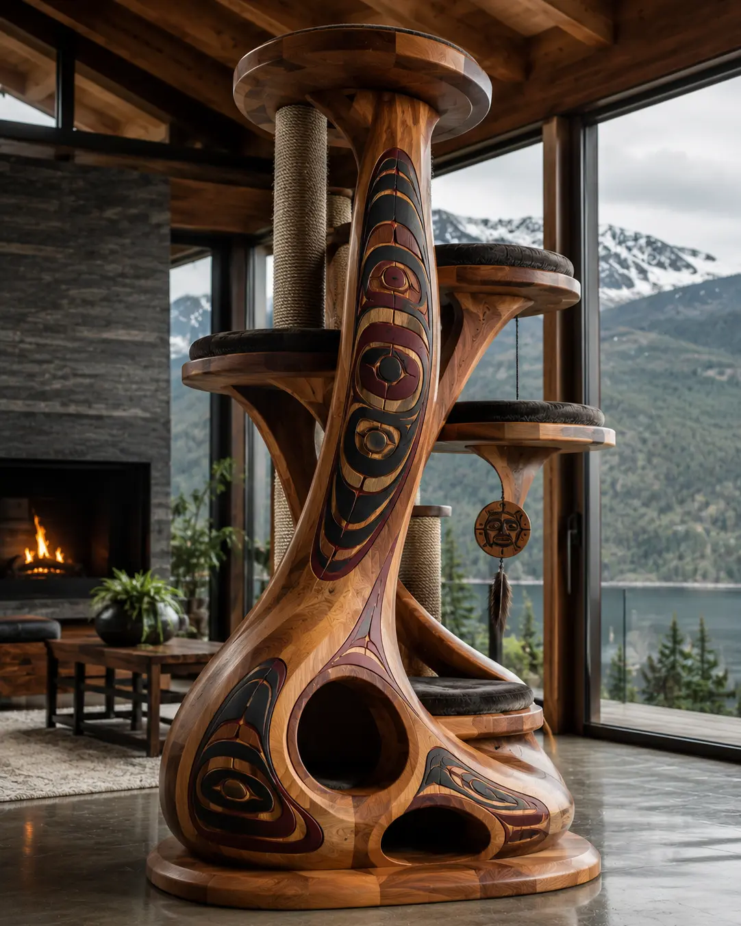 Luxury West Coast Indigenous-inspired cat tree with handcrafted cedar, carved Northwest Coast motifs, cozy hideaways, plush perches, and sculptural design.