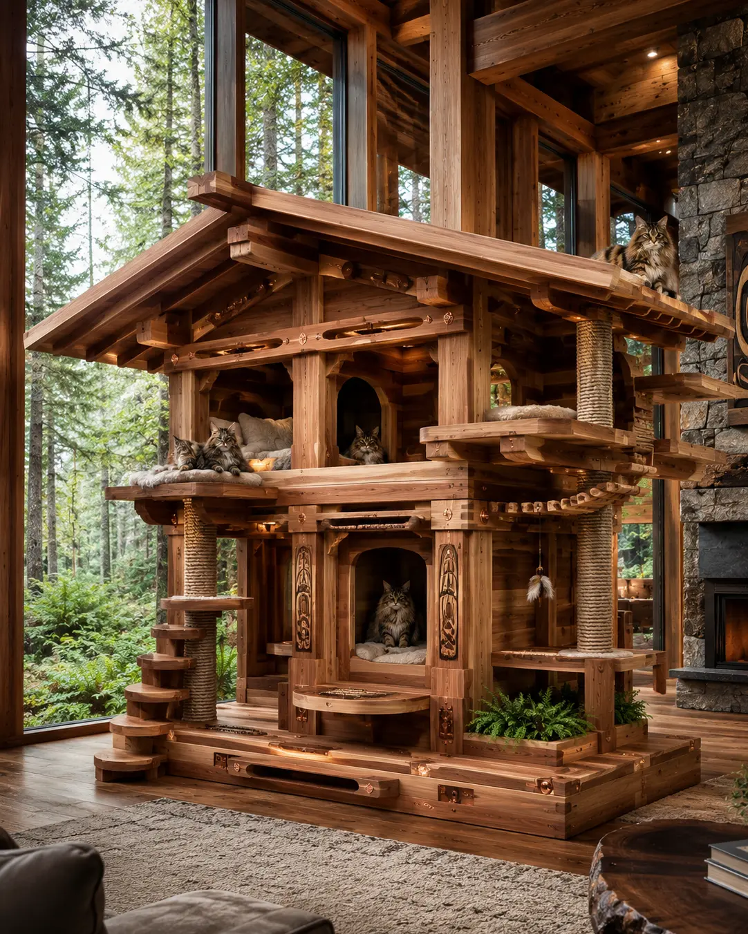 The Longhouse — A handcrafted cedar cat tree inspired by Northwest Coast longhouses, blending timeless Indigenous architecture with luxury feline living.