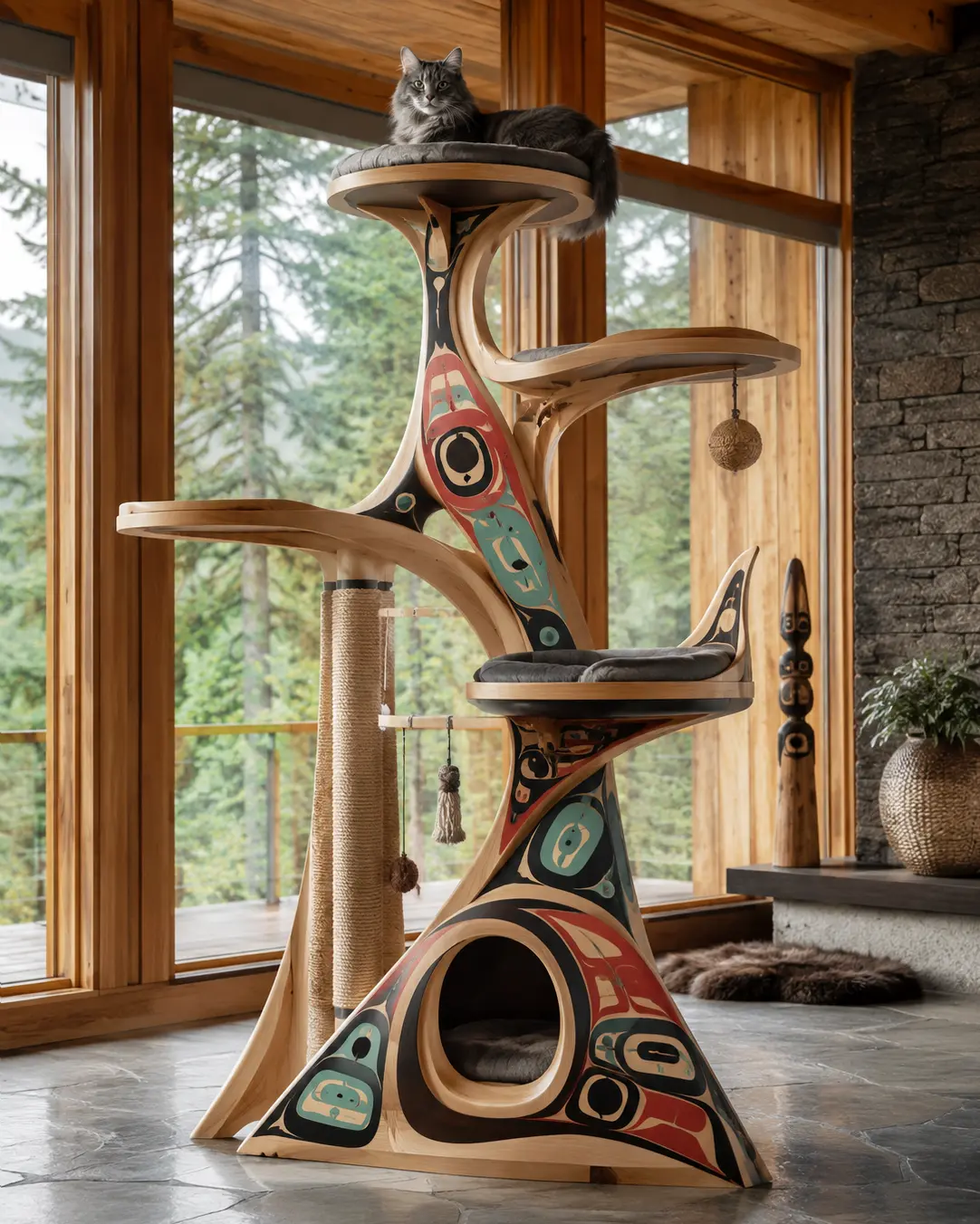Pacific Breeze — Luxury West Coast Indigenous-inspired cat tree with handcrafted cedar, flowing coastal forms, cozy hideaways, plush perches, and sculptural climbing platforms.