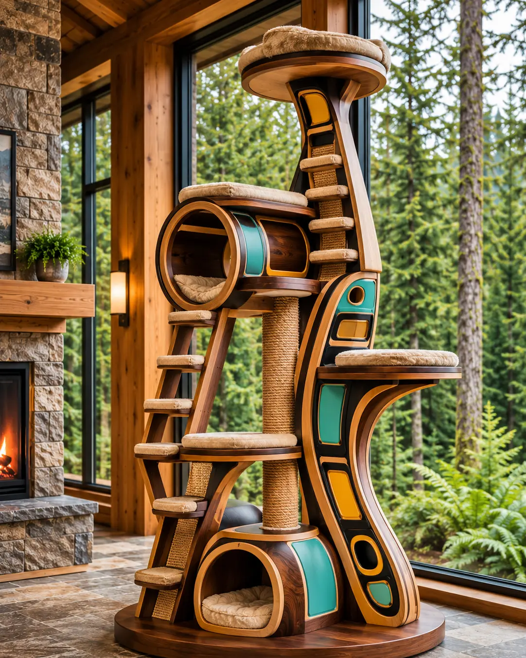 Paddle Song — Luxury West Coast Indigenous-inspired cat tree with handcrafted cedar, paddle-inspired forms, cozy hideaways, elevated perches, and sculptural climbing platforms.