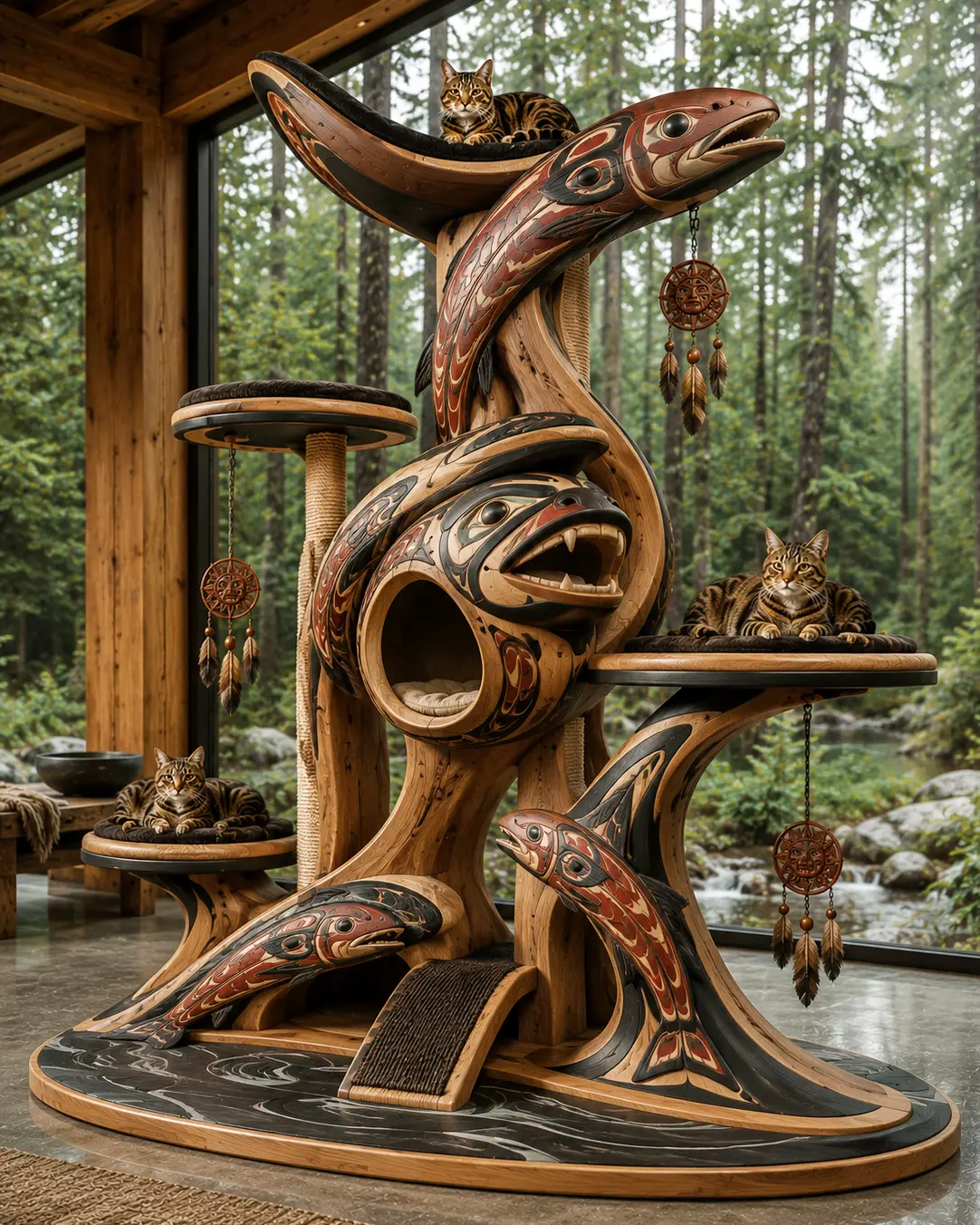 West Coast Indigenous-inspired luxury cat tree with salmon carvings, handcrafted wood, cozy hideaways, plush perches, and sculptural climbing platforms.