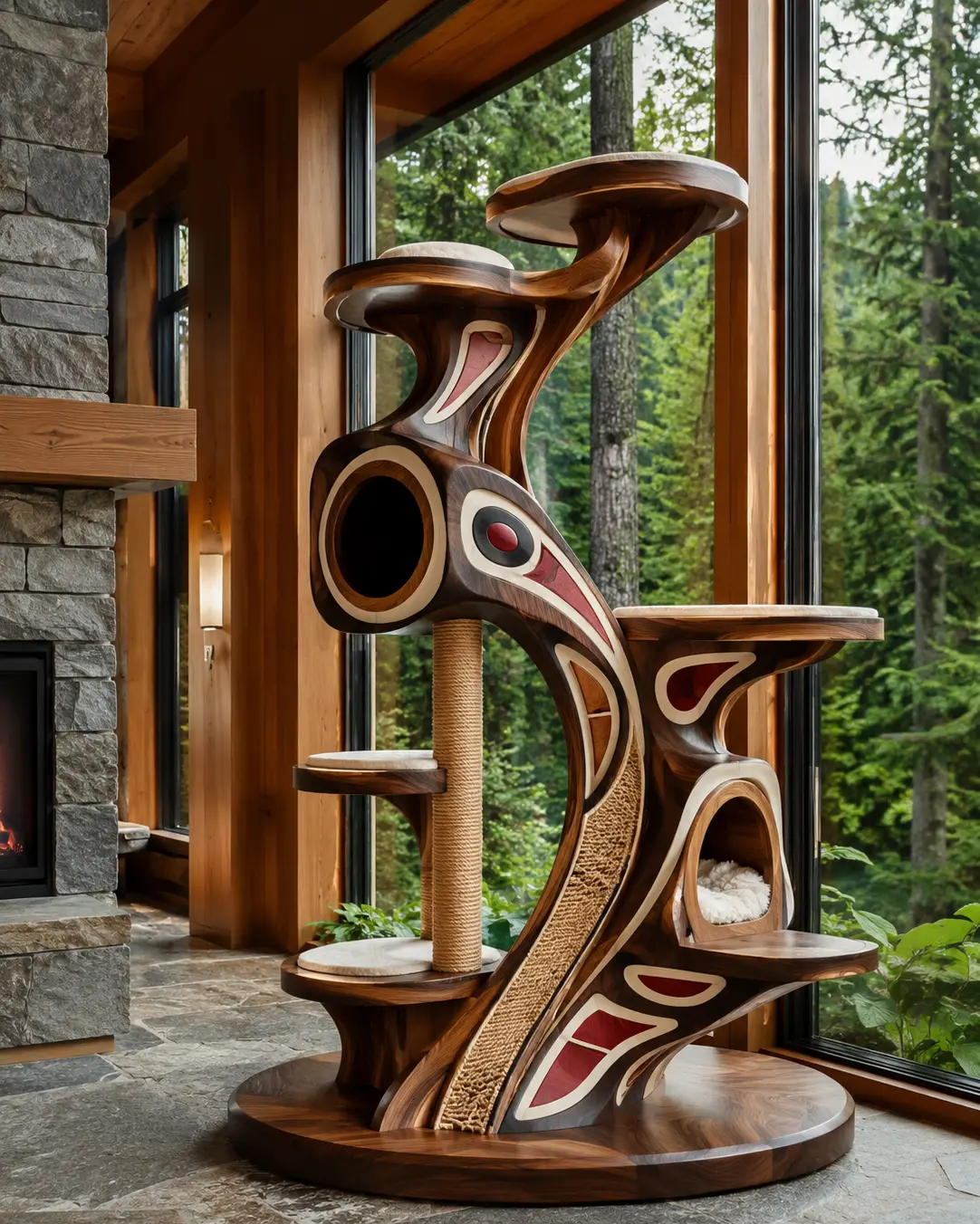 Luxury West Coast Indigenous-inspired bear cat tree with handcrafted walnut, sculptural bear motifs, cozy hideaways, plush perches, and premium climbing platforms.