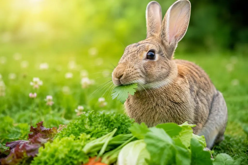 A healthy rabbit enjoys fresh leafy greens in a sunny meadow, with vibrant grass, soft morning light, and a peaceful natural background perfect for rabbit nutrition.