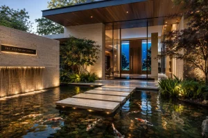 Modern luxury home entrance with a koi pond, waterfall feature, floating stone walkway, and stunning reef aquarium visible through floor-to-ceiling glass.