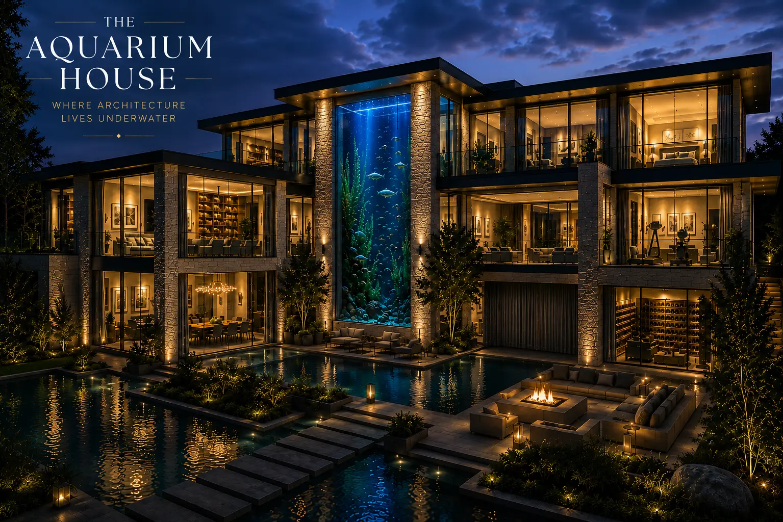 Luxury modern aquarium house at dusk featuring a towering reef aquarium, glowing interiors, reflecting pools, and elegant outdoor living beneath a dramatic evening sk