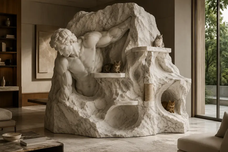 Michelangelo-inspired luxury cat tree carved from Carrara marble, blending monumental Renaissance sculpture with elegant climbing platforms, hideaways, and feline artistry.