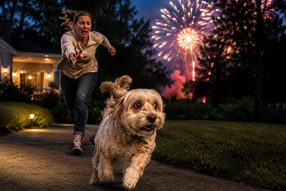 Panicked dog bolts as fireworks light the sky while a worried mom races after it, creating a dramatic scene of fear and urgency.