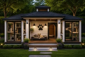 Modern black and white dog house with an enclosed catio on both sides, featuring cozy pet spaces, climbing towers, a covered porch, and elegant landscaping.