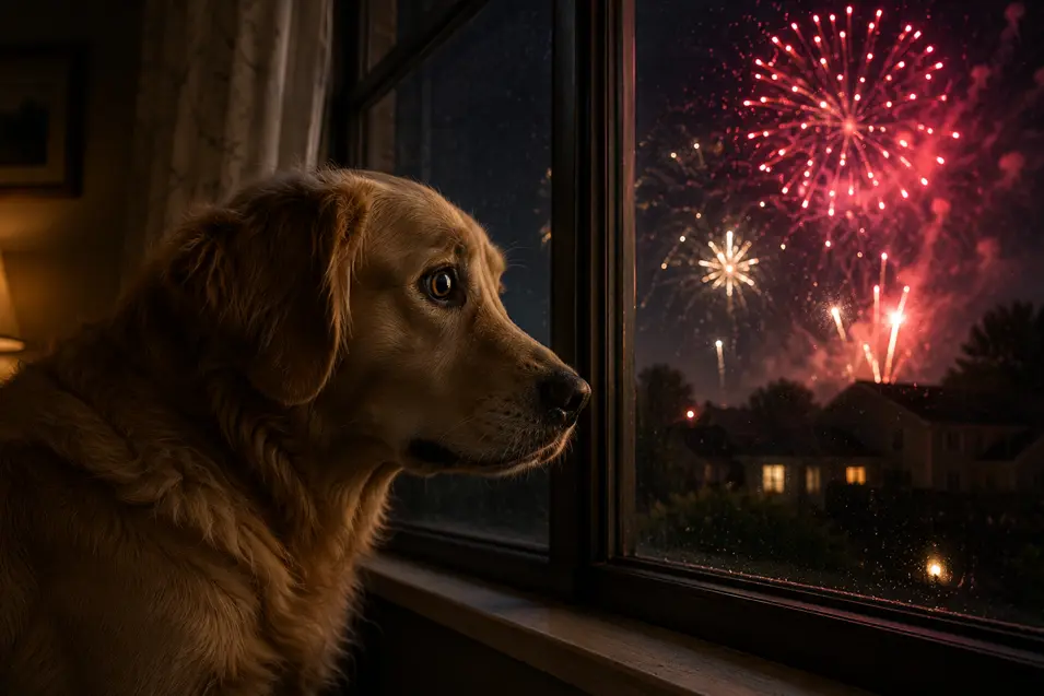 A worried dog watches fireworks through a window, its anxious eyes reflecting the bright bursts outside as it quietly fears the loud celebration.