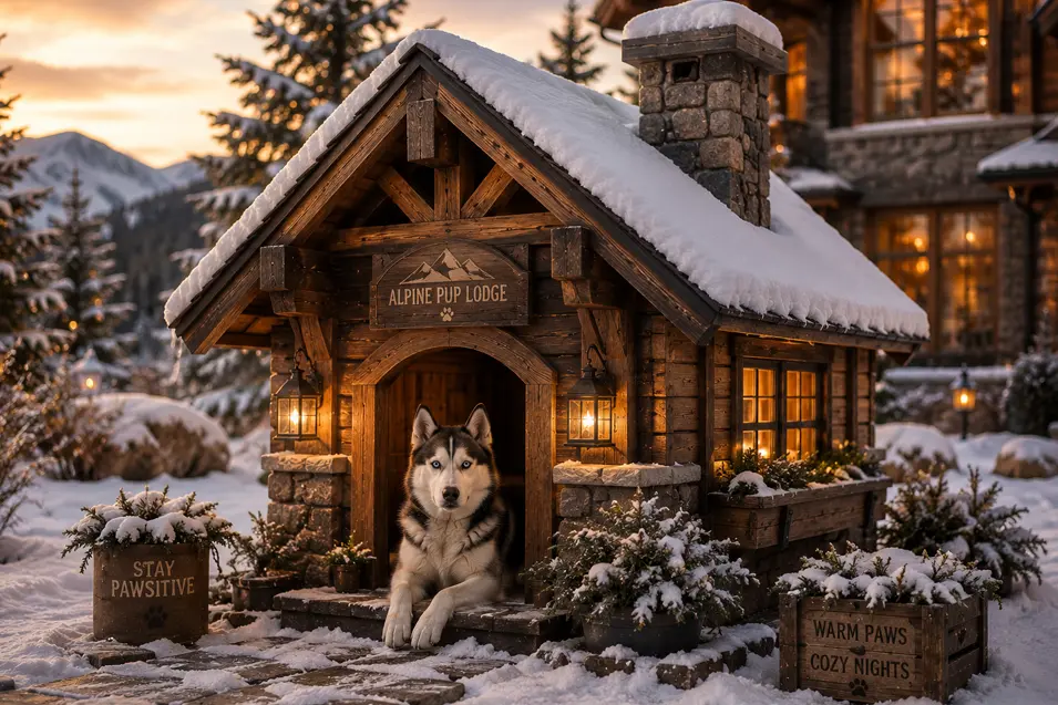Cozy alpine cabin dog house with stone chimney, snowy roof and warm lanterns, featuring a striking Siberian Husky in a winter mountain retreat.