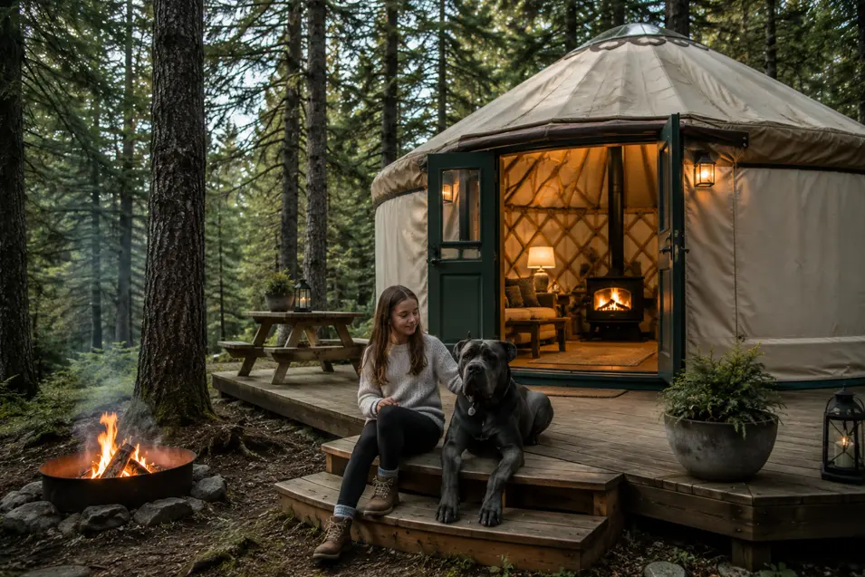 Woodland yurt with a cozy fireplace, young girl and Cane Corso enjoying a peaceful forest retreat surrounded by towering pines.