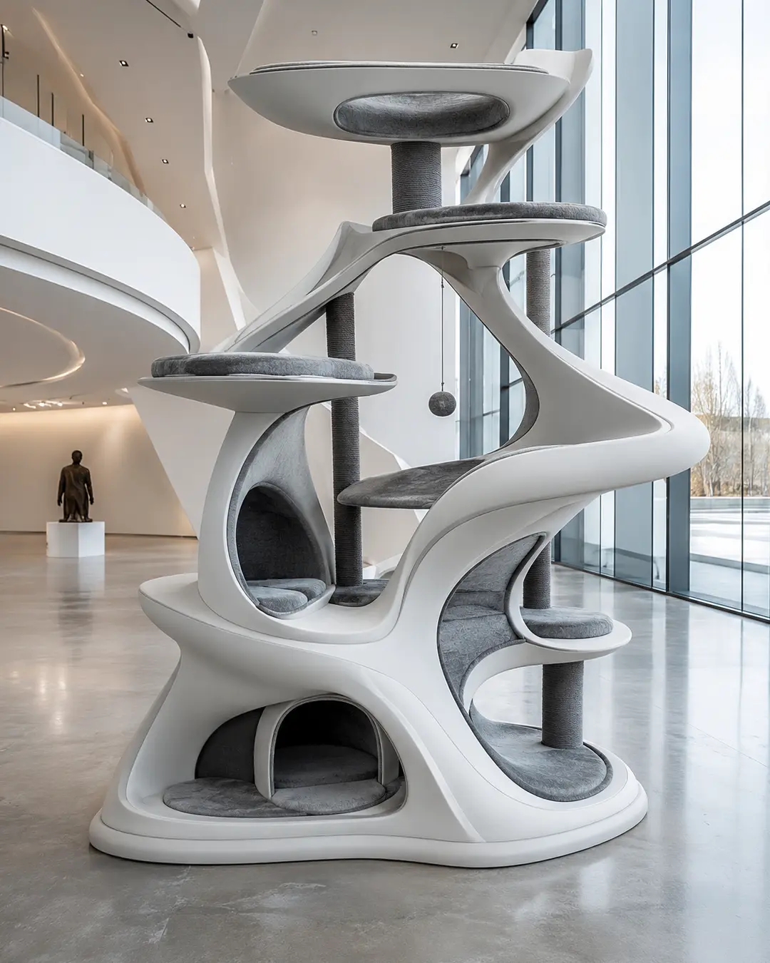 Zaha Hadid-inspired luxury cat tree with flowing sculptural curves, futuristic platforms, and seamless organic architecture in striking contemporary style.