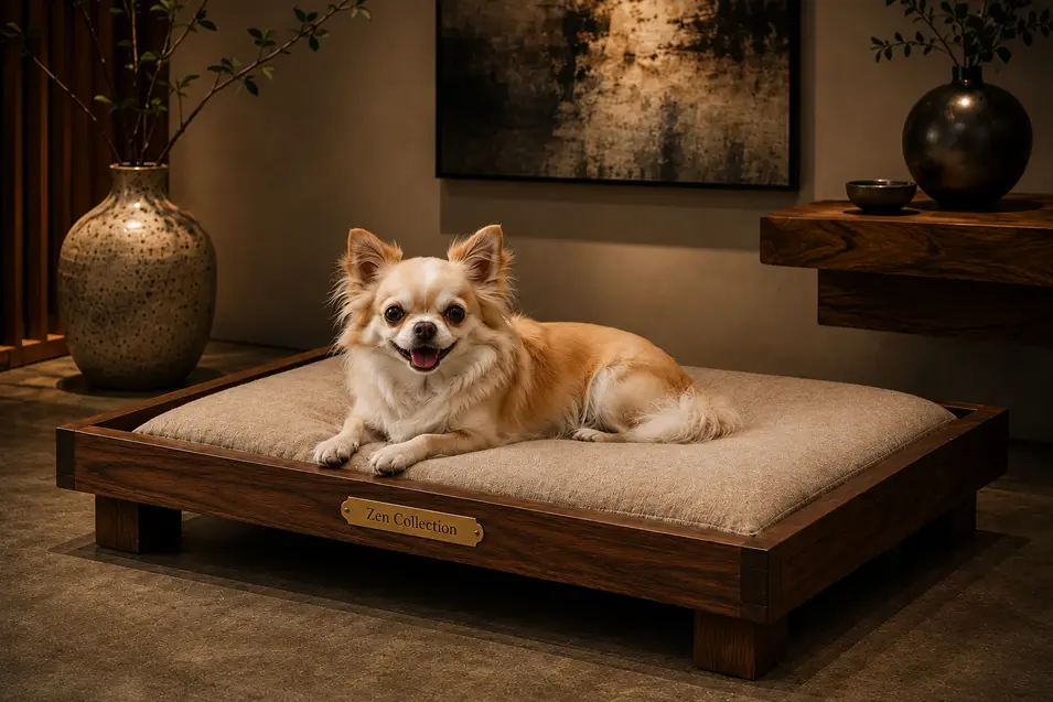 Minimalist walnut platform dog bed with a plush cream cushion, combining modern craftsmanship and timeless elegance in a sophisticated gallery-inspired space.