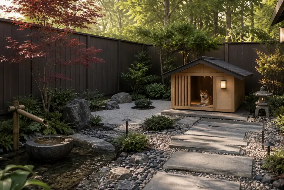 A serene Zen-inspired backyard with a Japandi dog house, stone paths, water feature, Japanese maples, and a relaxed Shiba Inu in a peaceful retreat.