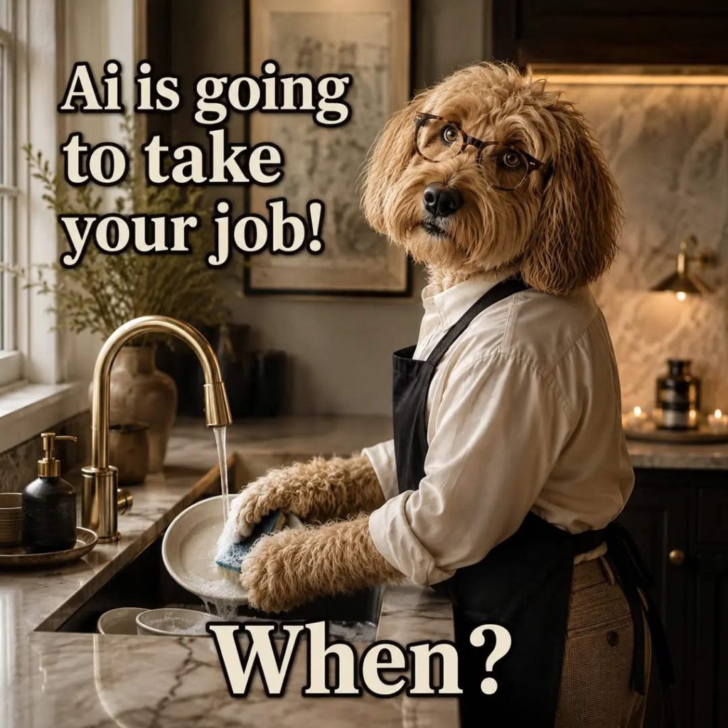 Humorous AI-generated image of a dog wearing glasses and an apron washing dishes, with the text: "AI is going to take your job! When?"