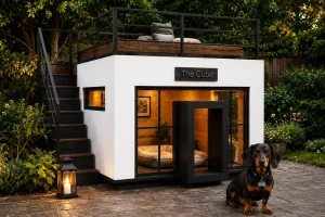 Modern two-story luxury dog house with rooftop deck, floor-to-ceiling glass, warm wood interior, and a Dachshund relaxing in a landscaped backyard.