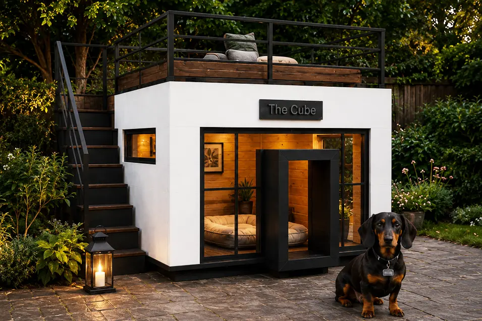 Modern two-story luxury dog house with rooftop deck, floor-to-ceiling glass, warm wood interior, and a Dachshund relaxing in a landscaped backyard.