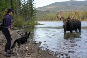 Woman holding her dog on a leash as they safely watch a massive bull moose standing in a mountain lake surrounded by forest.