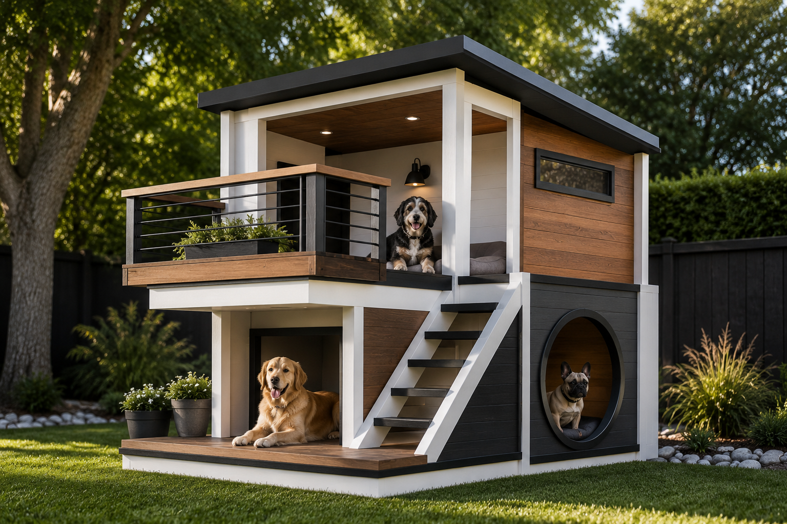 Elevated modern pet estate with stairs and upper deck