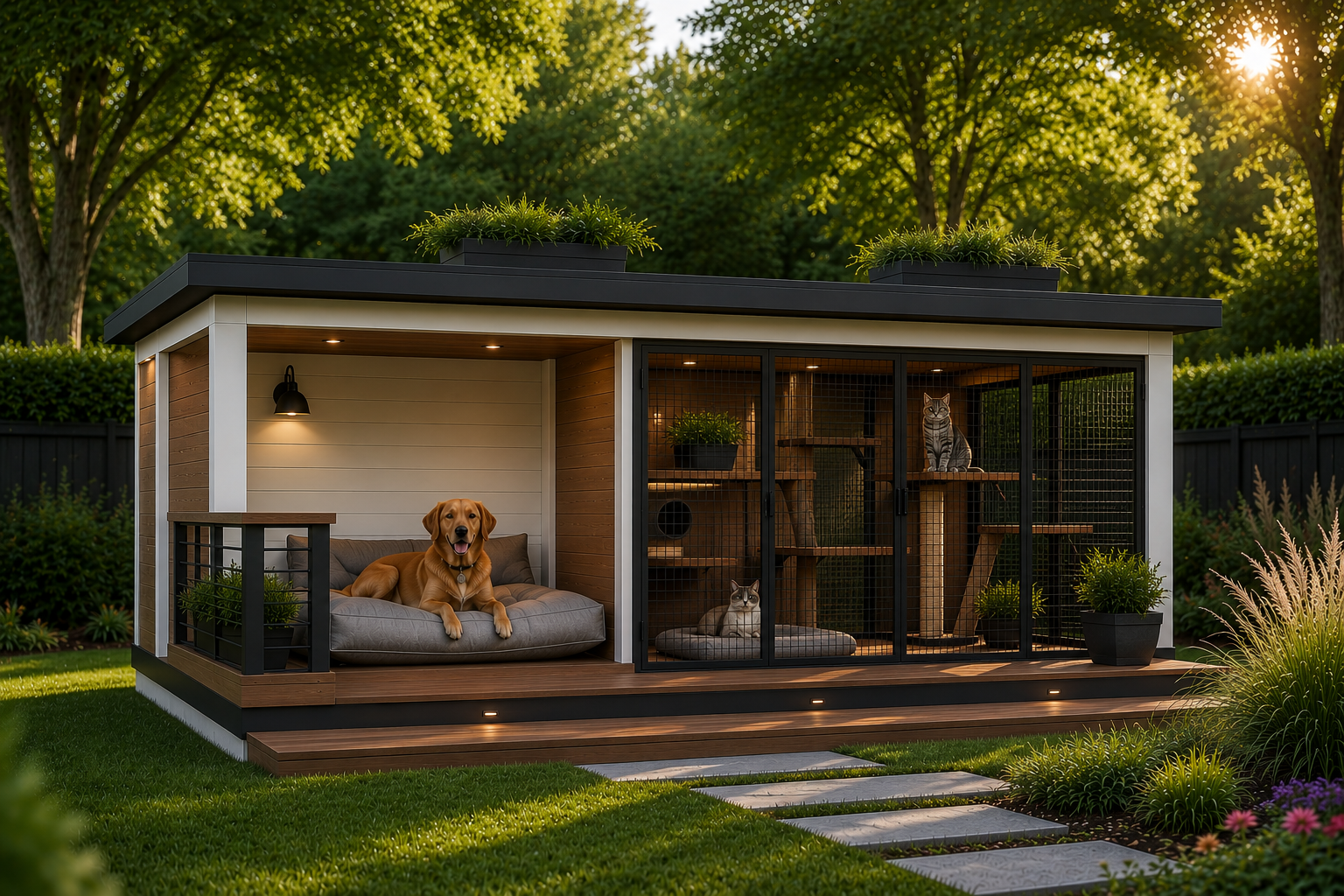 Modern dog house and catio compound with enclosed cat towers