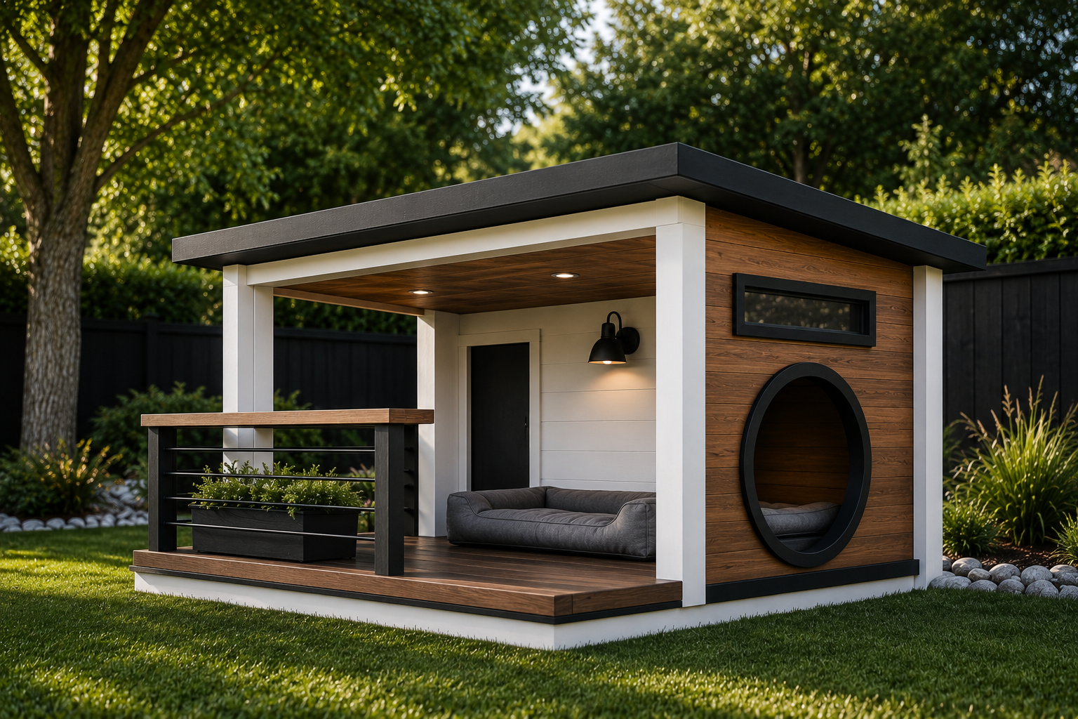 Contemporary dog lounge house with cedar siding and covered porch