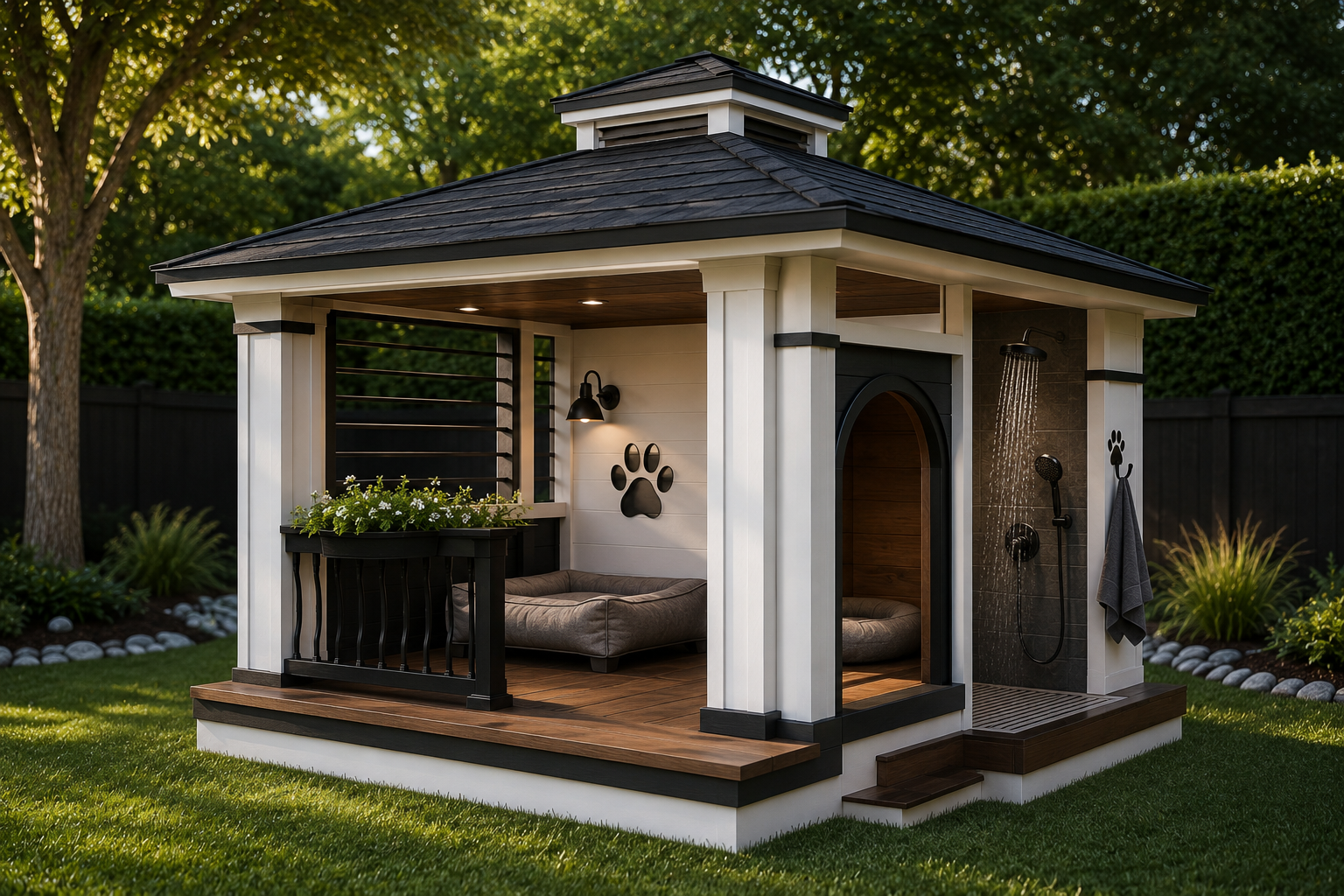 Modern dog house with outdoor dog wash station