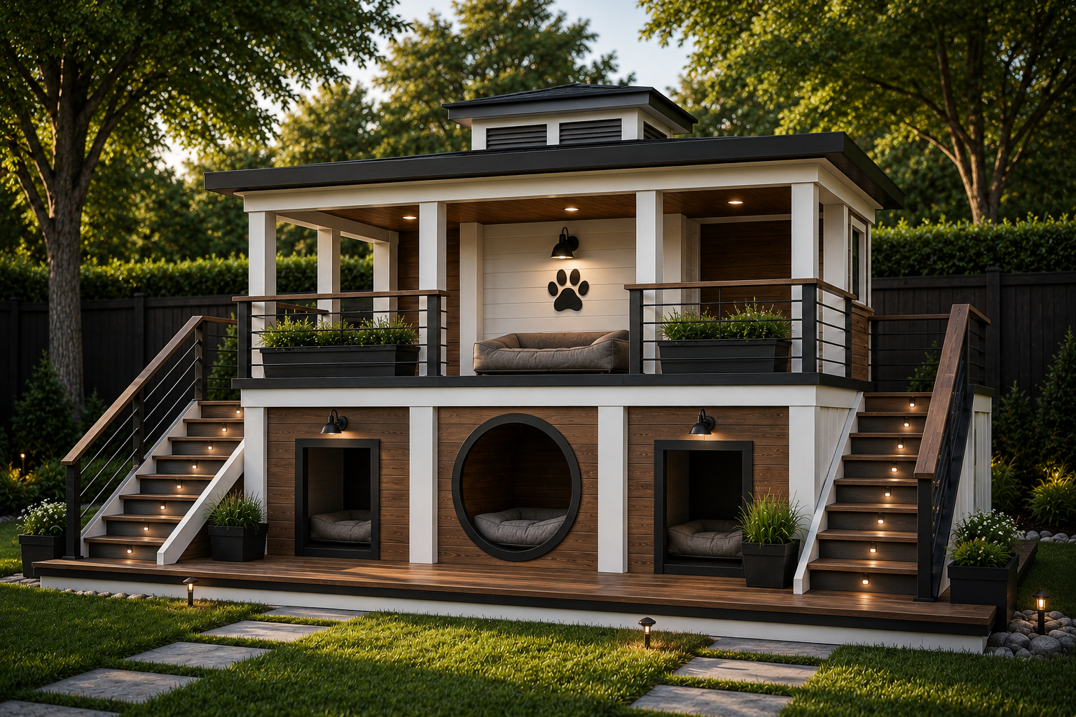 Multi-level modern pet loft with decks and covered spaces