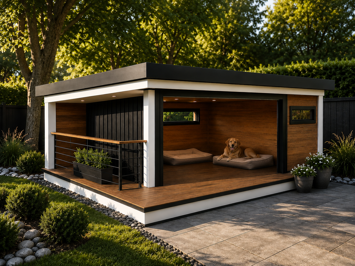 Indoor-outdoor modern dog retreat with open walls and beds