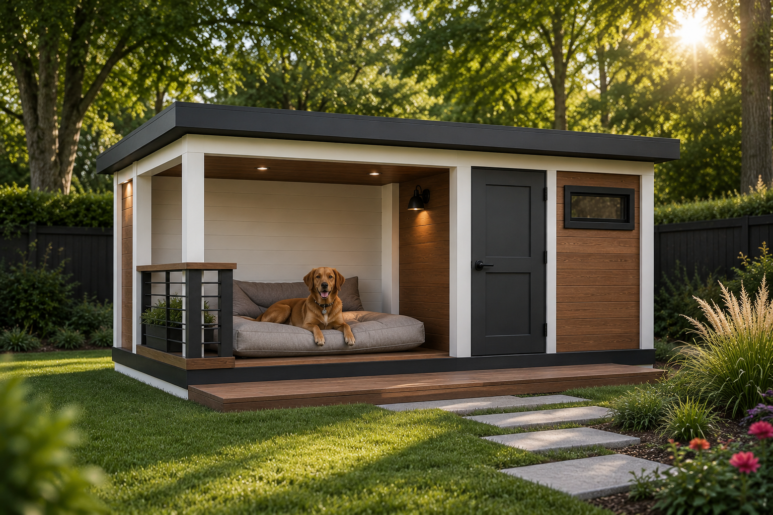 Designer dog porch with modern railings and covered veranda