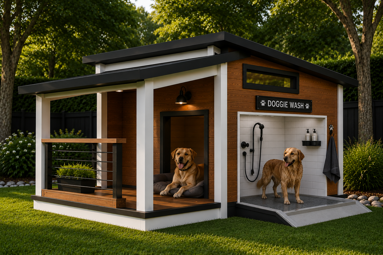 Luxury dog house with oversized outdoor wash station