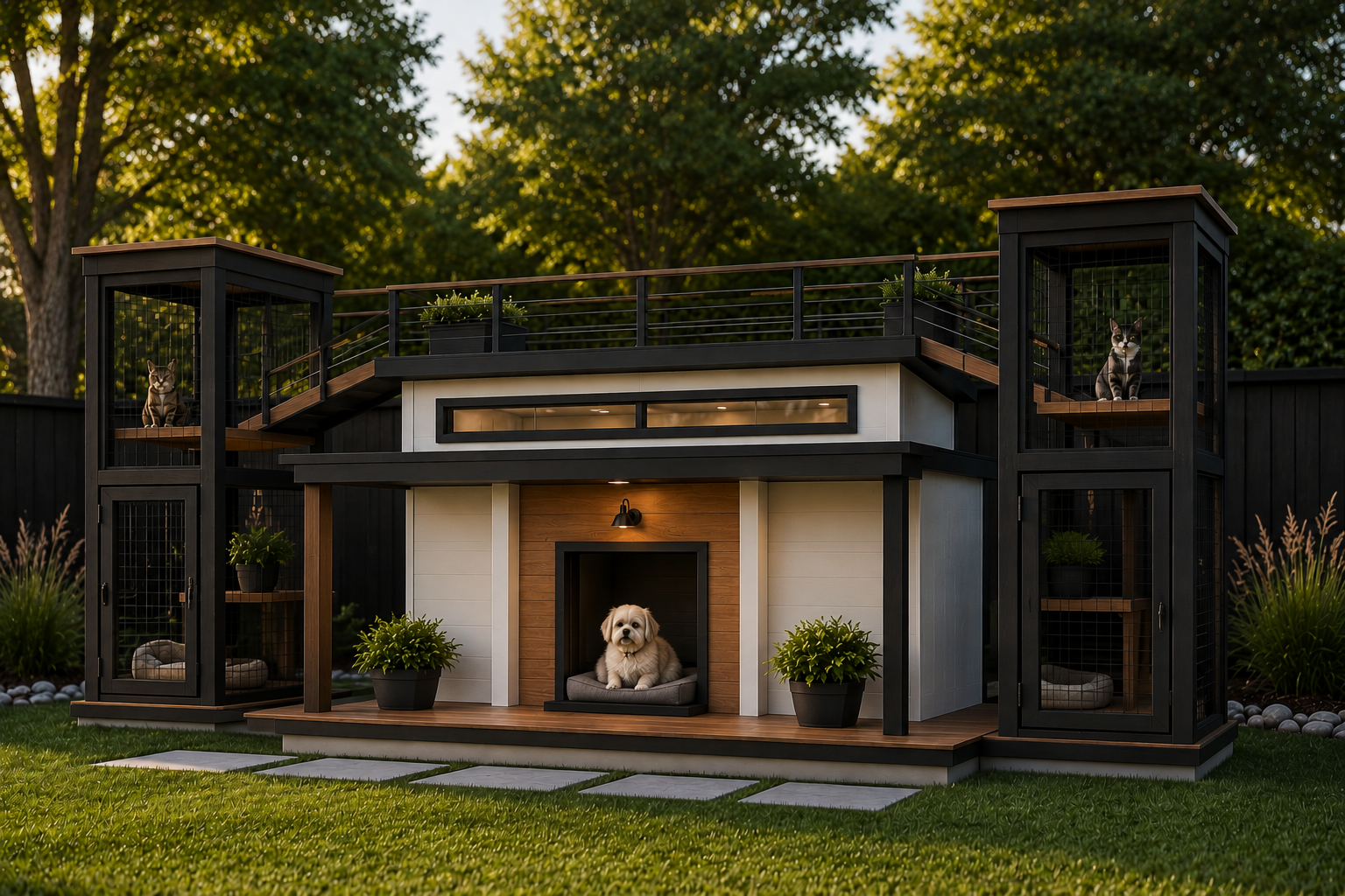 Modern pet pavilion with dog house and enclosed catio