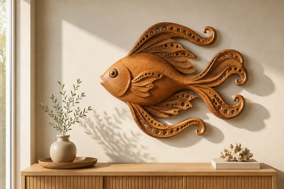 Artistic carved wooden fish wall art