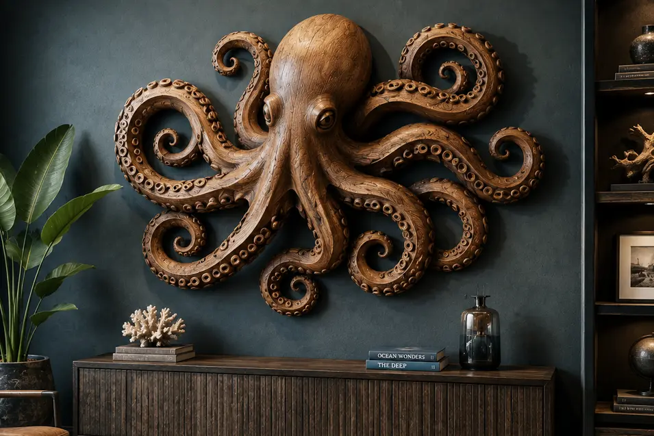 Carved wood octopus wall art