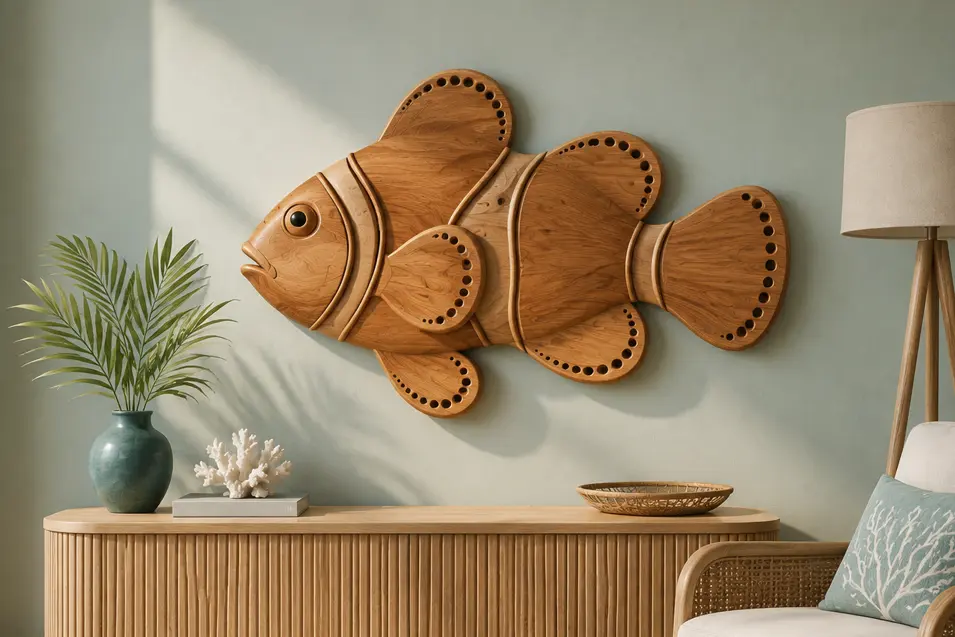 Carved wood clownfish wall art