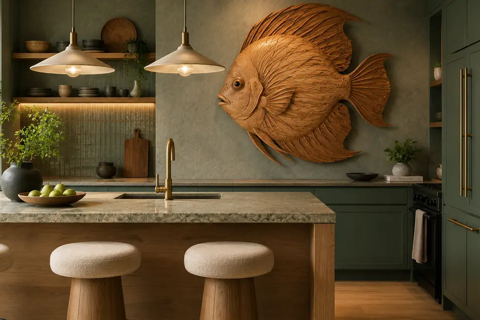 Carved wood freshwater discus wall art