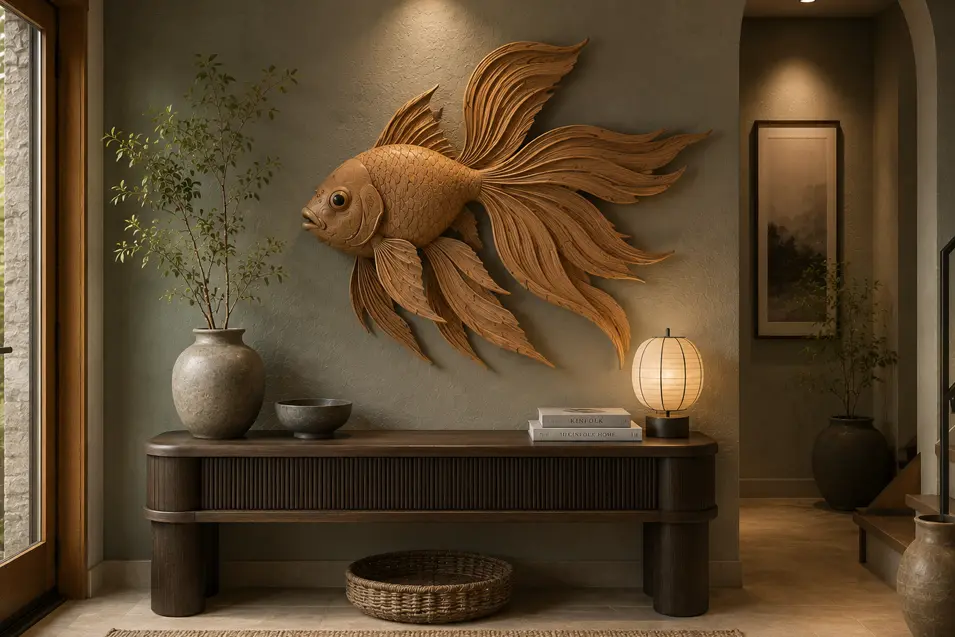 Carved wood goldfish wall art with flowing fins