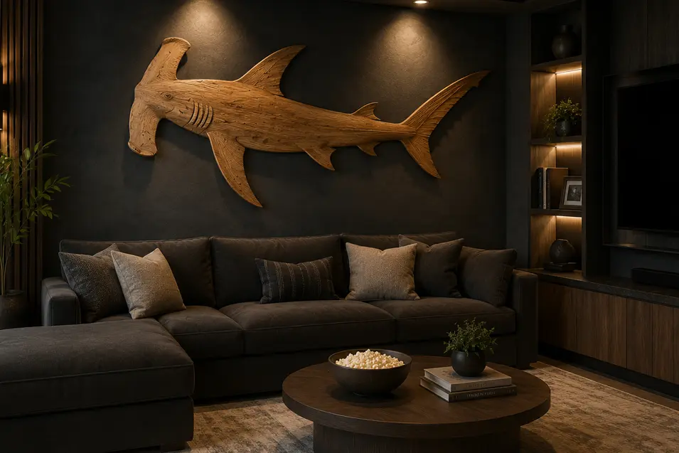 Carved wood hammerhead shark wall art