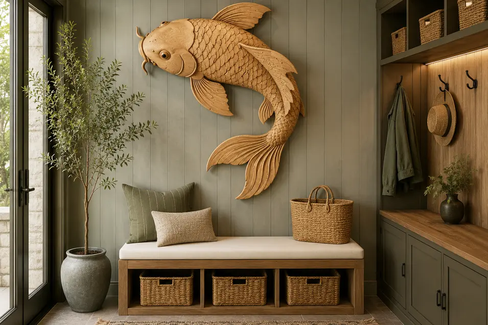 Carved wood koi wall art
