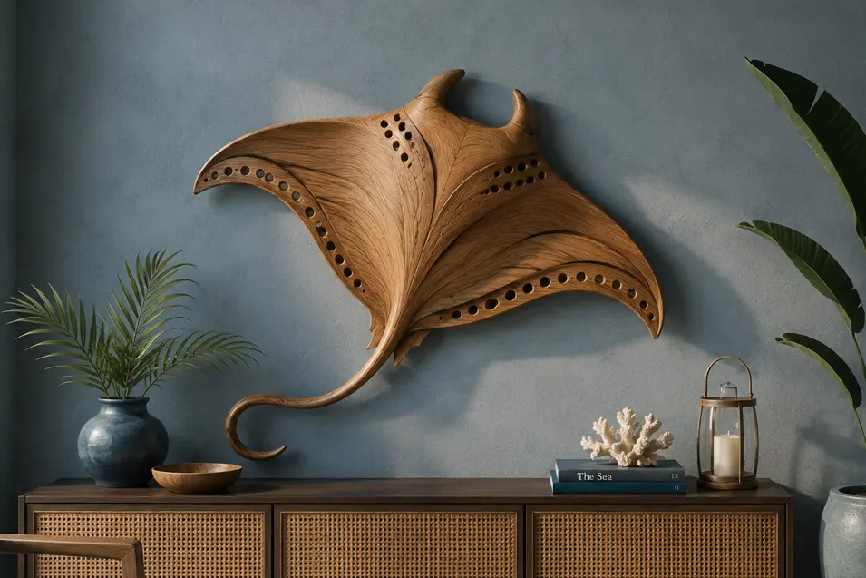 Carved wood manta ray wall art
